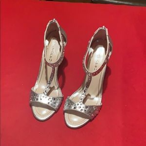 Silver formal open toe heels with zipper back